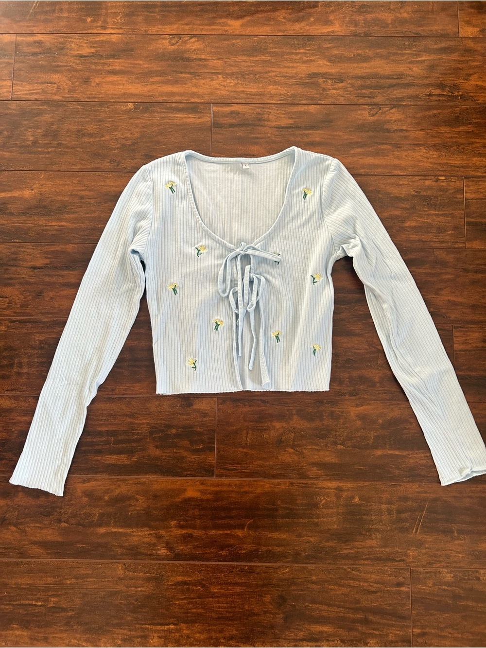 🔥4 for $45 Light Blue Ribbed Tie-Front Embroidered Floral Long Sleeve Top